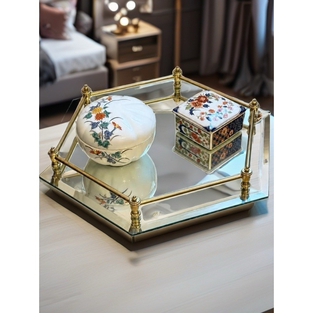 Hexagon Beveled Mirrored Vanity Tray Brass Tone Rail VTG Hollywood Regency 12" - Picture 3 of 7